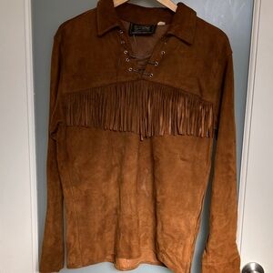 Brown Suede Fringe Long Sleeve Shirt